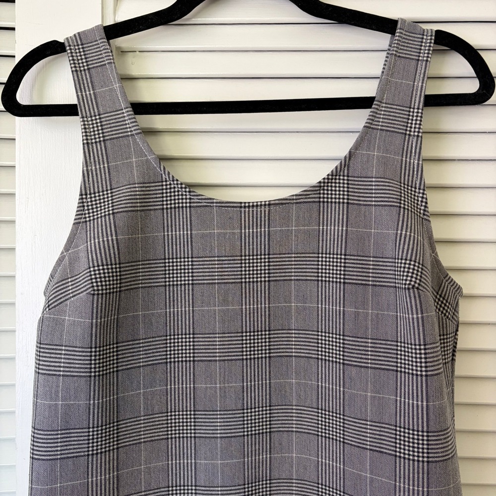 Ganni Garvey Gray Plaid Mini Dress Size 38/6 Scoop Neck Exposed Back Zip Shift - Picture 3 of 7